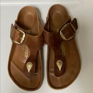 Birkenstock Brown Leather T-Strap Sandals with Gold Buckles